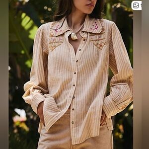 Free People Smocked Embroidered Button-Up Shirt, size L